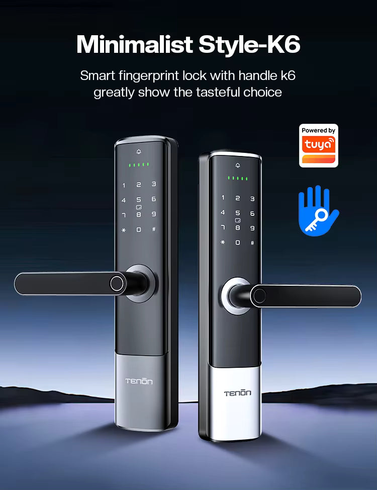 Tenon K6 Tuya Waterproof Electronic Smart Door Lock Digital Intelligent Card Biometric Fingerprint Door Handle Lock