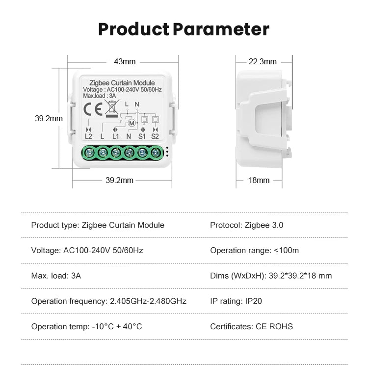 Tuya Zigbee 3.0 Smart Home Wireless Mini Curtain Switch Relay Module for Roller Blind Shutter Curtain Motors